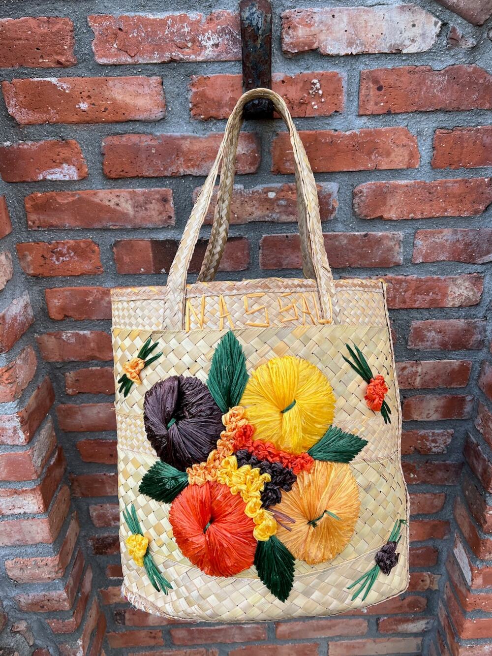 vintage raffia straw shoulder bag purse floral bucket bag yellow orange green